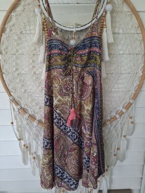 India Paisley Print Tassle Dress Size S/M